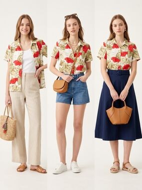 Lemon Grass Tropical Linen-Cotton Floral Button Shirt - Red & Green